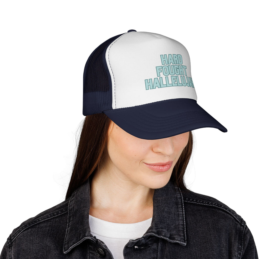 Hard Fought Hallelujah Trucker Hat | Teal Christian Cap