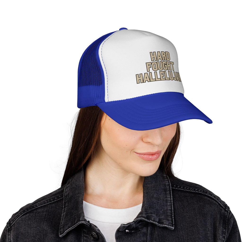Hard Fought Hallelujah Trucker Hat | Tan Christian Cap