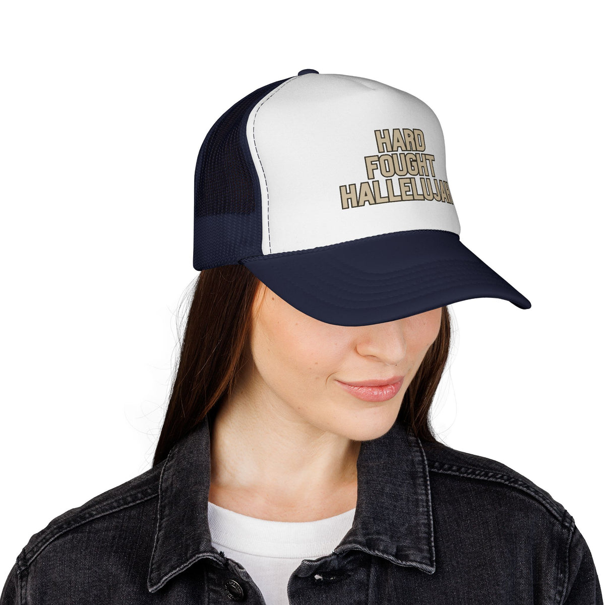 Hard Fought Hallelujah Trucker Hat | Tan Christian Cap
