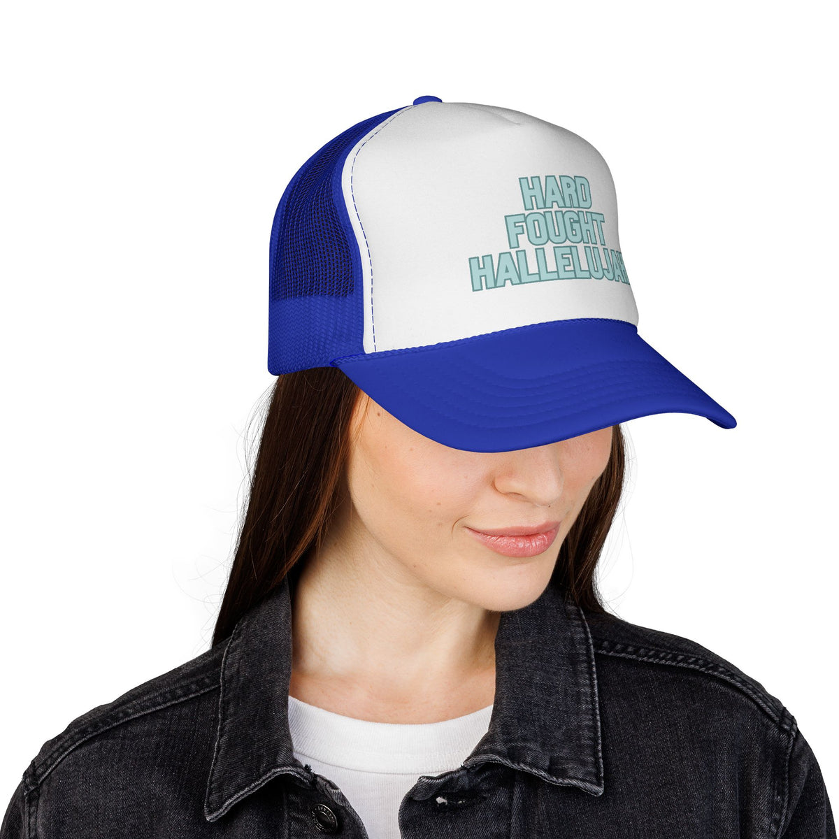 Hard Fought Hallelujah Trucker Hat | Teal Christian Cap