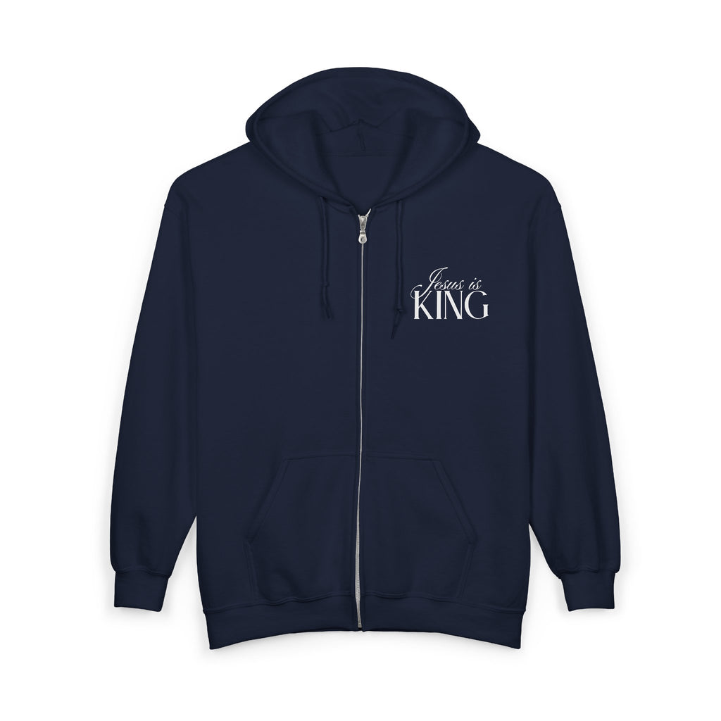 Jesus Is King | Christian Zip Up Hoodie with Bible Verse on Back.