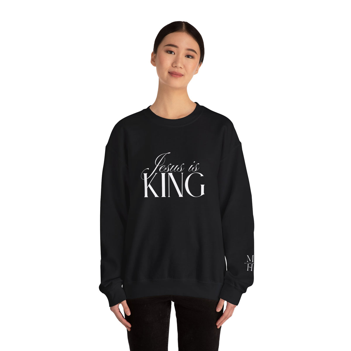 Jesus Is King Script Sweatshirt | Christian Pullover Daughter of the King on back.