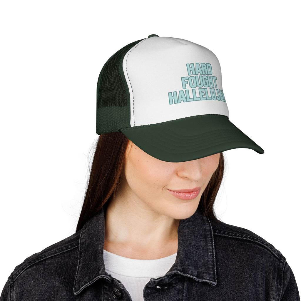 Hard Fought Hallelujah Trucker Hat | Teal Christian Cap