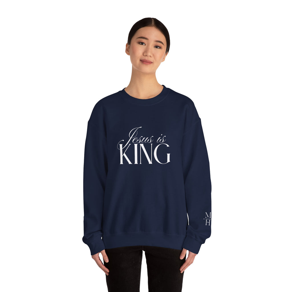 Jesus Is King Script Sweatshirt | Christian Pullover Daughter of the King on back.