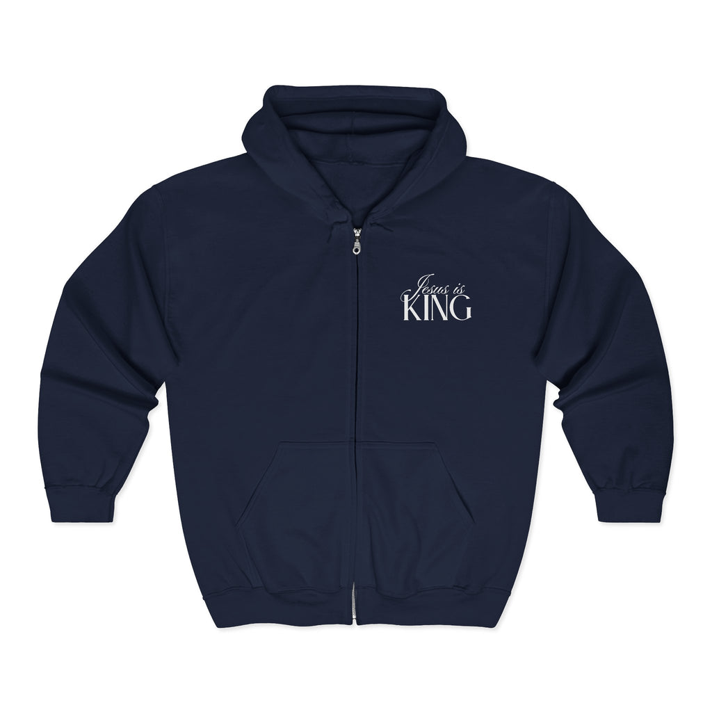 Jesus Is King | Christian Zip Up Hoodie with Bible Verse on Back.