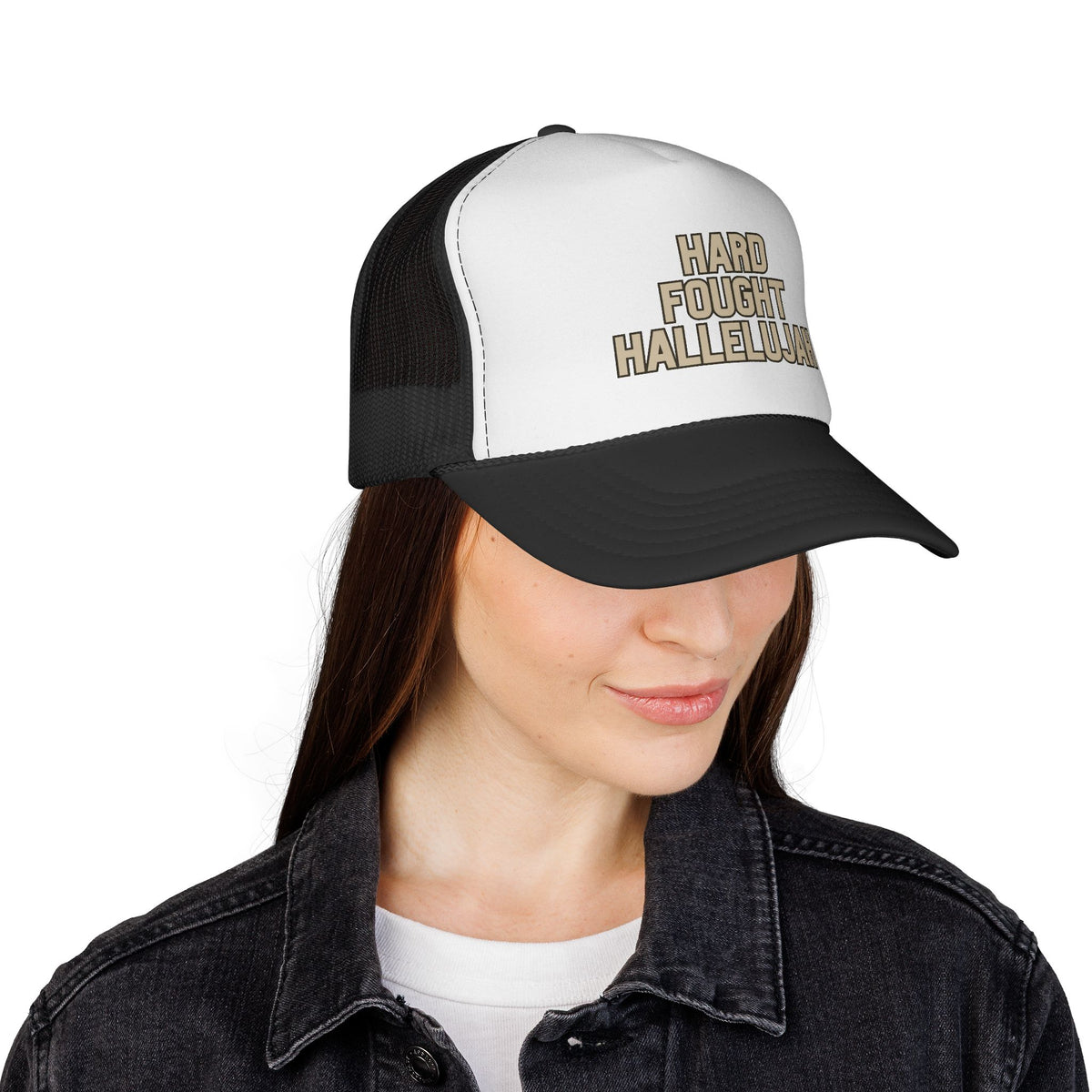 Hard Fought Hallelujah Trucker Hat | Tan Christian Cap